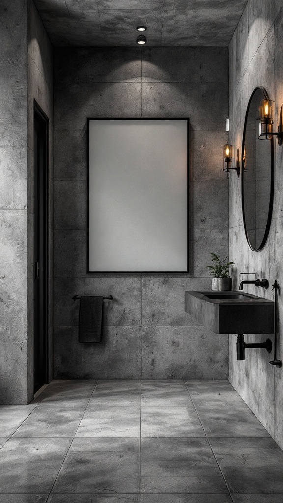 A modern industrial bathroom with black and grey tones, featuring concrete walls and stylish fixtures.