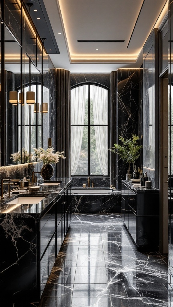 Luxurious black and grey bathroom with marble finishes and large windows