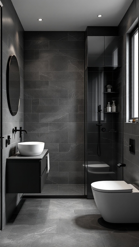 A minimalist black and grey bathroom featuring a floating vanity, round mirror, open shower, and sleek storage solutions.