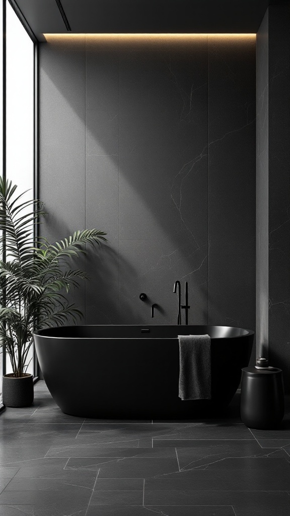 A black and grey bathroom featuring a modern bathtub and large windows with natural light.