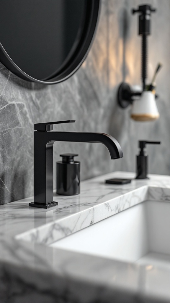 A modern black faucet on a marble countertop in a stylish bathroom setting.