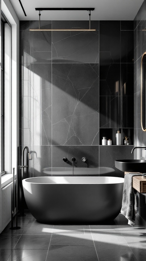 A modern black and grey bathroom featuring a freestanding tub and elegant fixtures.