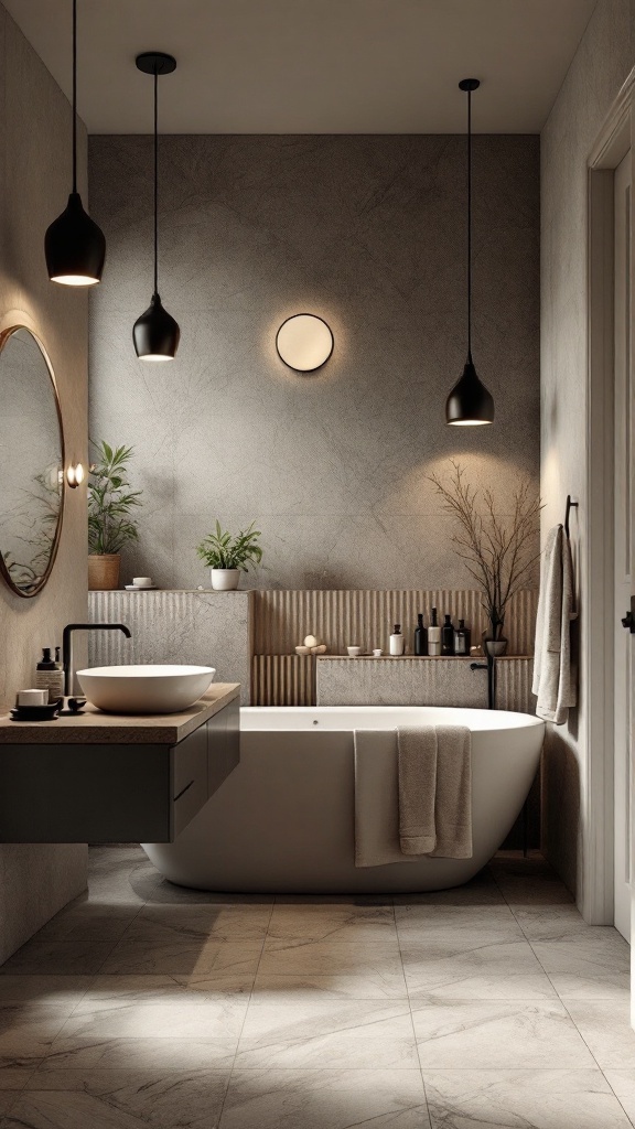 A modern bathroom with black lighting fixtures, neutral colors, and elegant decor.