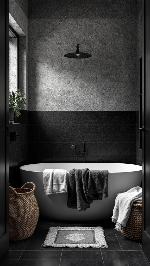 A black and grey themed bathroom featuring textured walls, a white bathtub, and decorative towels.