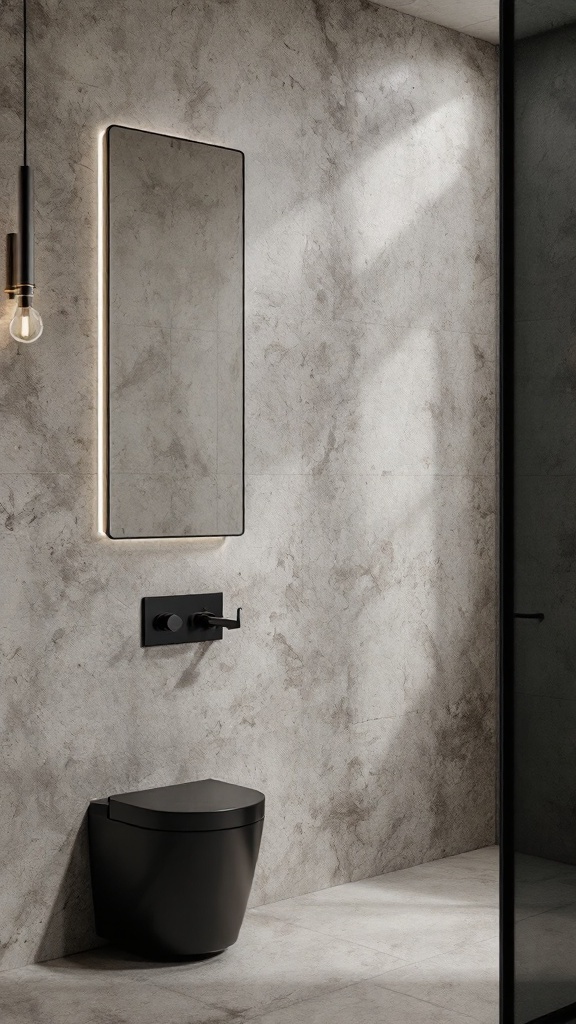 A modern bathroom featuring textured walls and black fixtures.