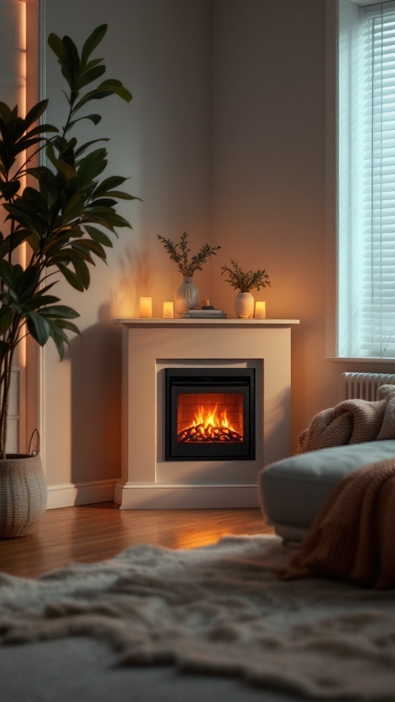 A cozy corner featuring a compact electric fireplace, surrounded by plants and candles, creating a warm atmosphere.