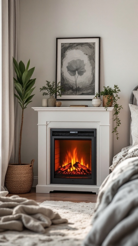 A compact electric fireplace in a small bedroom with plants and artwork.