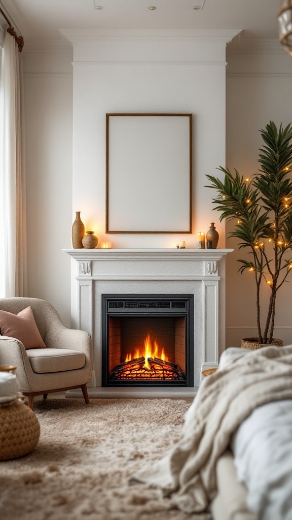 An inviting bedroom corner featuring an electric fireplace, cozy armchair, decorative vases, and a plant.