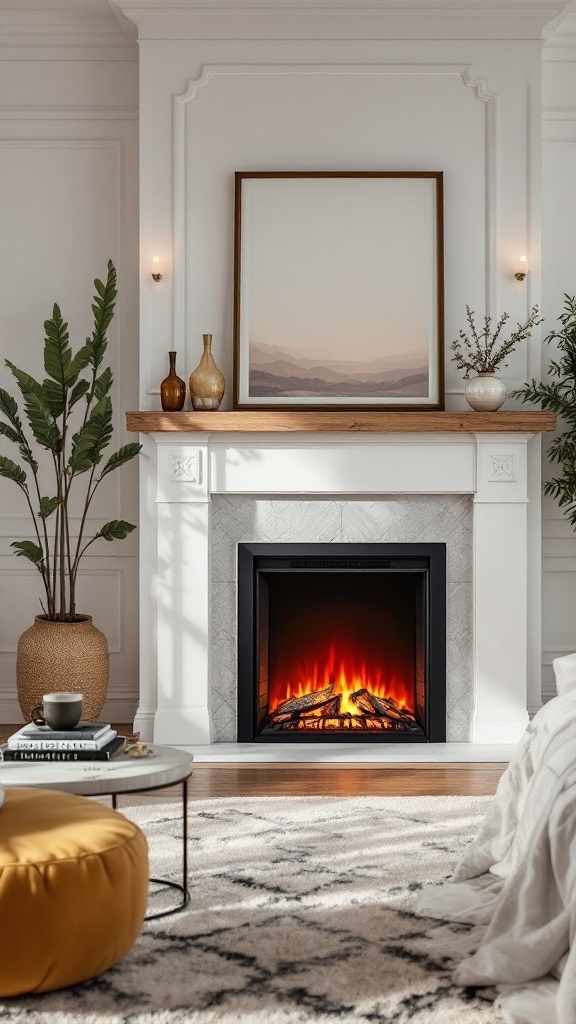 Cozy bedroom featuring an electric fireplace as a focal point with decorative elements.