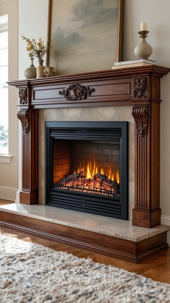 Electric fireplace insert in a wooden mantel with a cozy flame