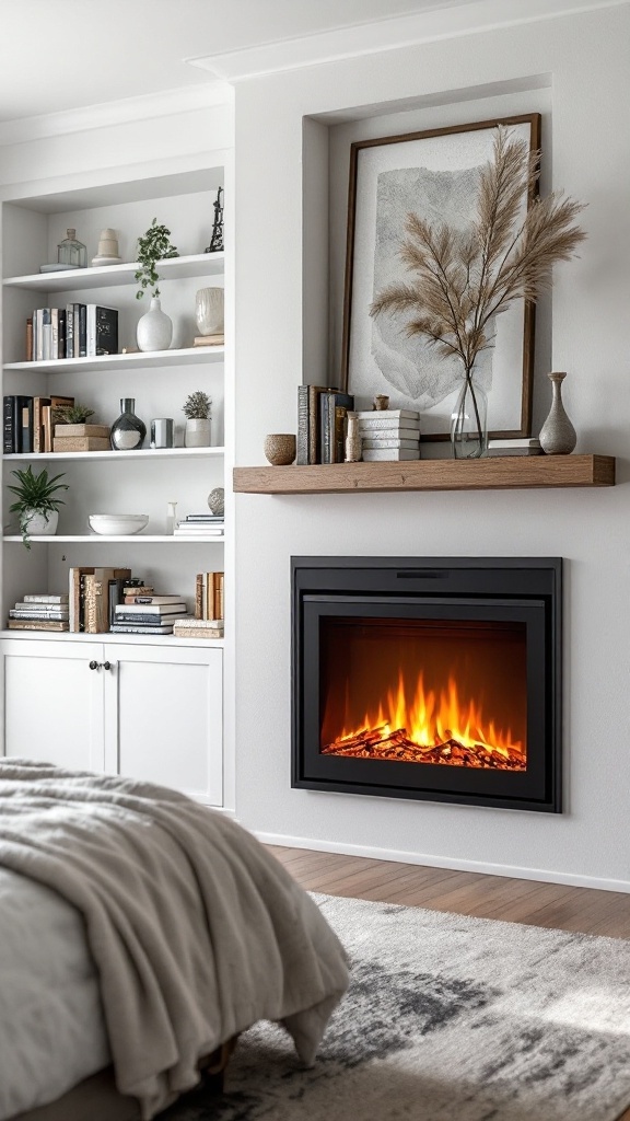 An electric fireplace with built-in shelving displaying books and decorative items in a stylish bedroom