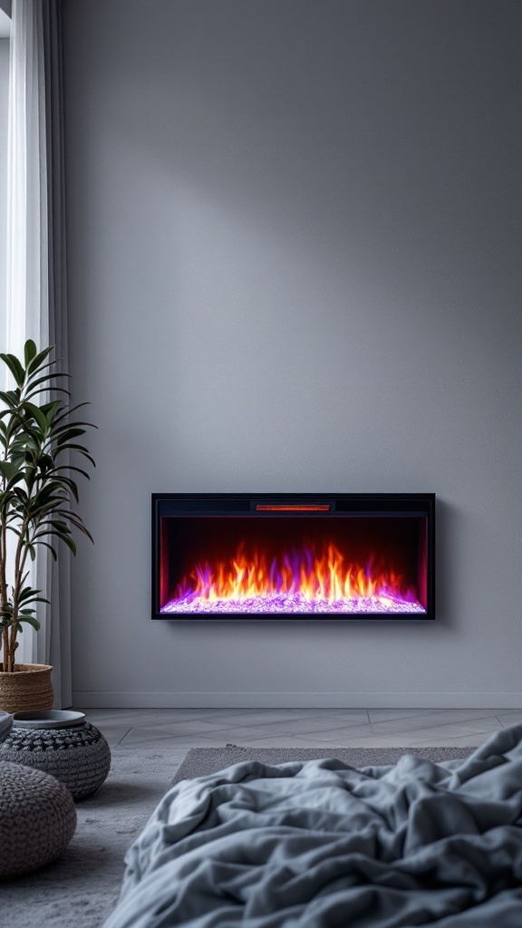 A modern electric fireplace with color-changing flames installed on a wall in a cozy bedroom setting.