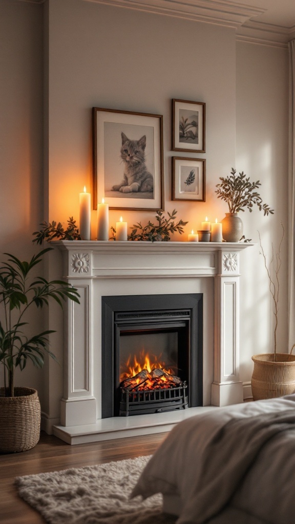 Cozy bedroom with an electric fireplace, decorative mantel, candles, and artwork.