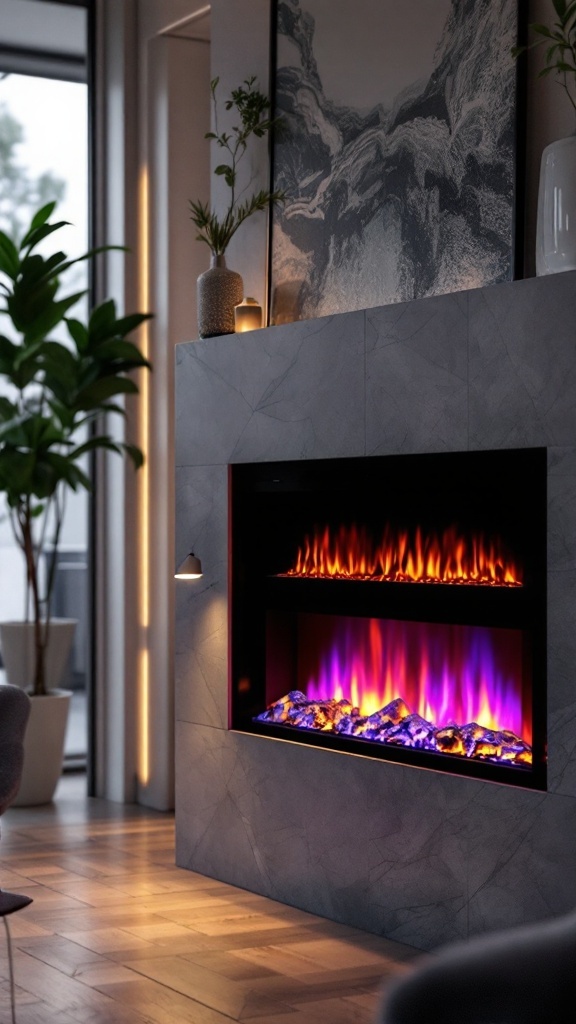 A modern electric fireplace with color-changing flames in a stylish interior setting