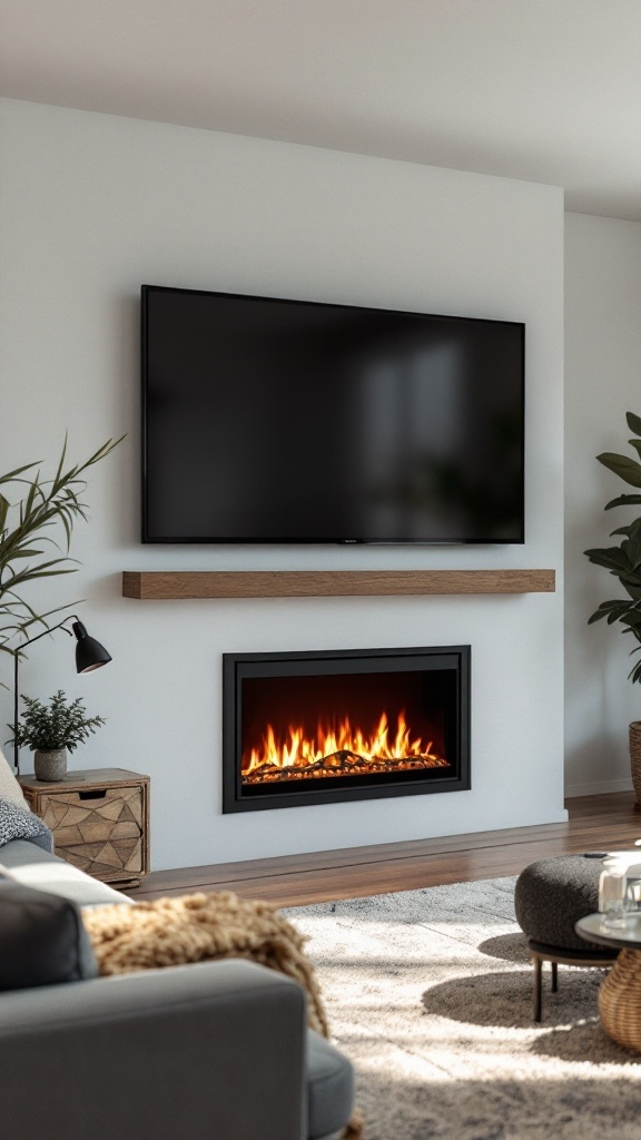 A modern living room featuring an electric fireplace below a flat-screen TV, with a cozy atmosphere.