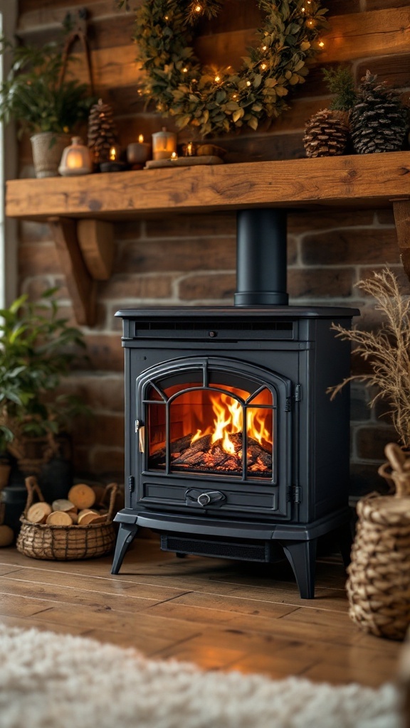 A cozy black freestanding electric stove with glowing flames, surrounded by rustic decor and greenery.