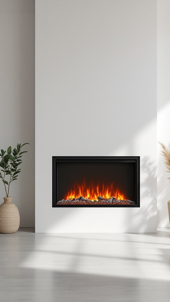 A minimalist electric fireplace set into a white wall with glowing flames and decorative pebbles.