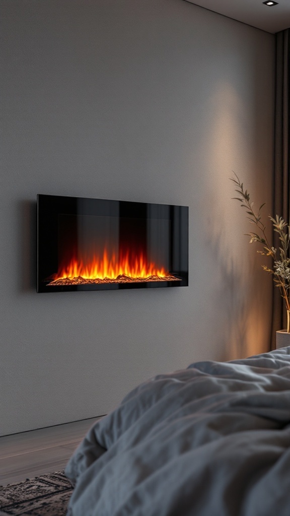 A modern wall-mounted electric fireplace with flickering flames, set against a textured wall in a cozy bedroom.