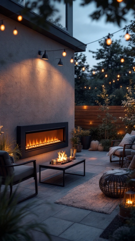 A stylish outdoor patio featuring a modern electric fireplace, cozy seating, and string lights for ambiance.