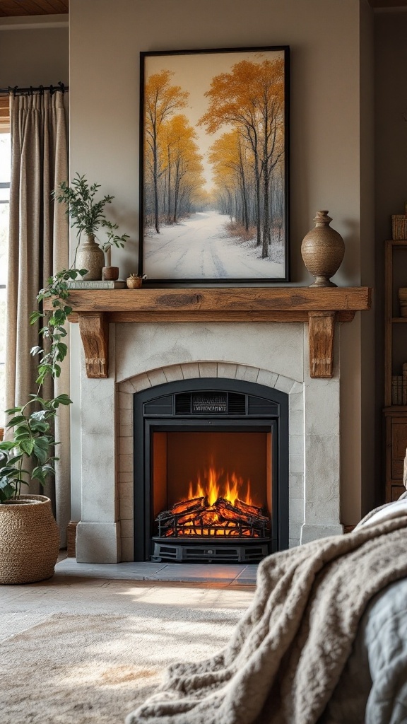 A rustic electric fireplace in a cozy bedroom setting with autumn-themed artwork above it.