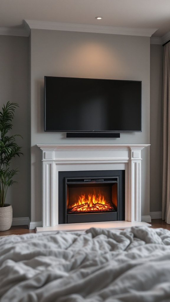 A modern bedroom featuring an electric fireplace with a TV mounted above it, paired with a potted plant.