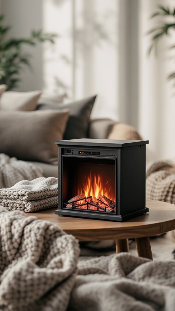 A modern tabletop electric fireplace on a wooden table, surrounded by cozy blankets and cushions.