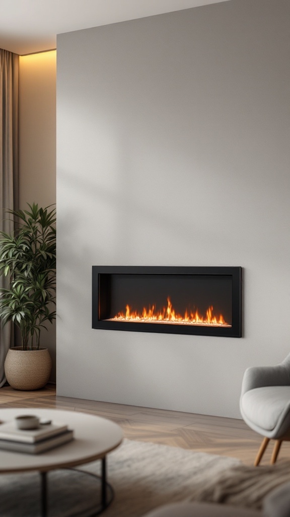 A modern wall-mounted electric fireplace with flames, surrounded by a plant and a cozy living room setting.