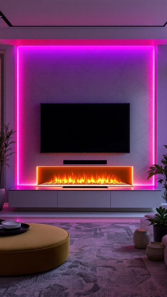 Modern electric fireplace wall with colorful LED lighting and TV