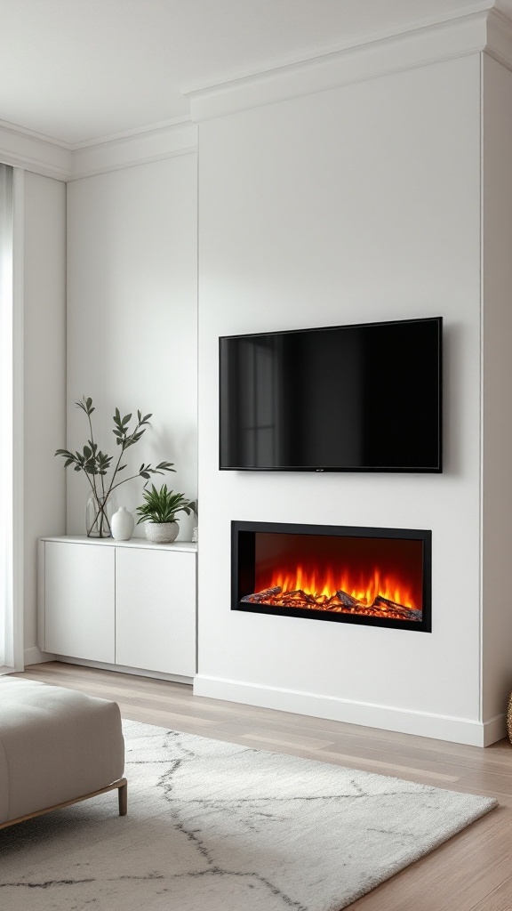 A modern living room featuring an electric fireplace integrated into the wall below a mounted TV, with minimalistic furniture and plants.