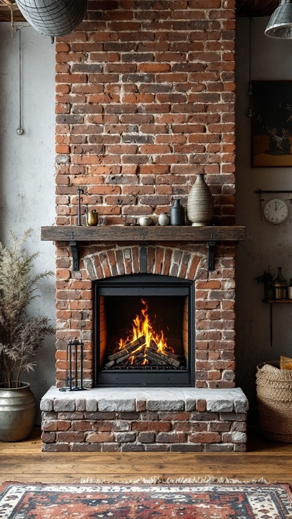 An industrial-style room featuring a brick wall and an electric fireplace with flames, decorated with a wooden mantel and various decorative items.