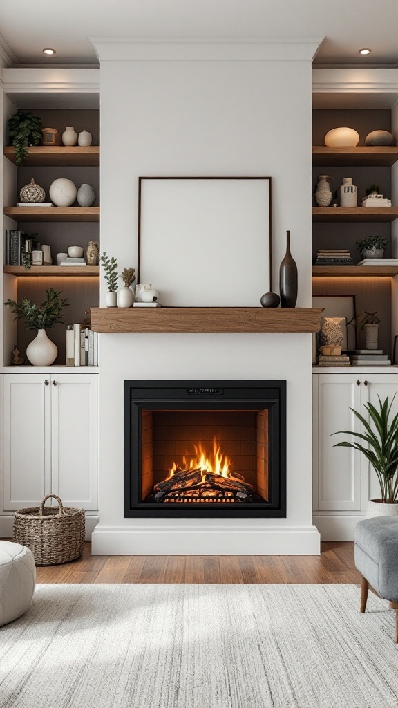 Electric fireplace with built-in shelving and decorative items