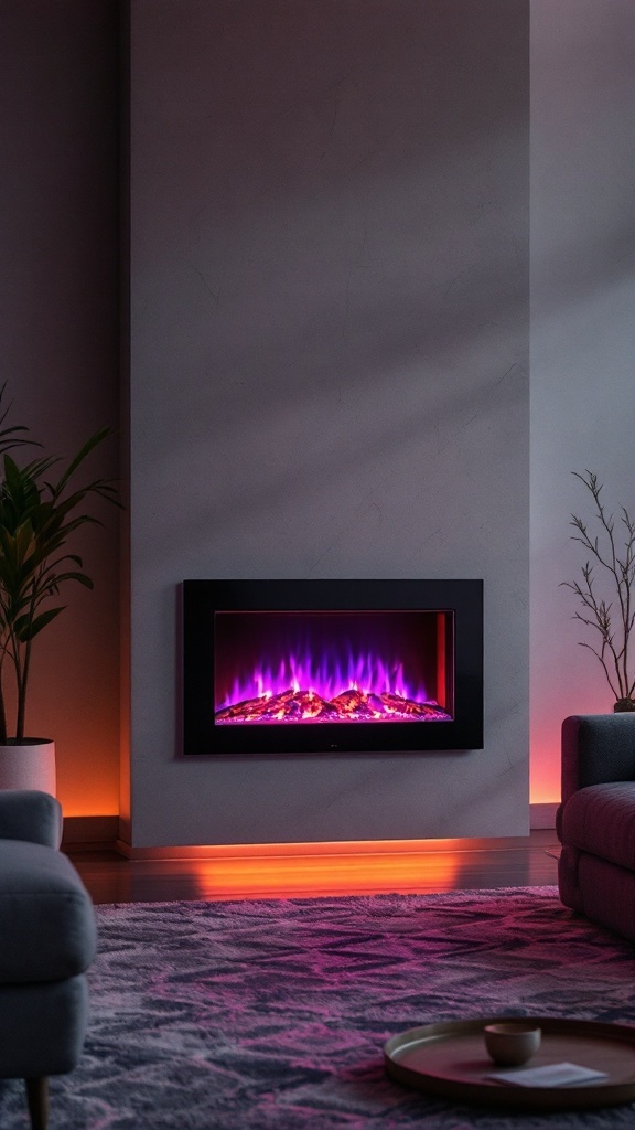 A modern wall-mounted electric fireplace with color-changing purple flames, surrounded by minimalistic decor.