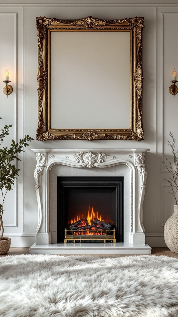 Electric fireplace with ornate golden frame and cozy decor