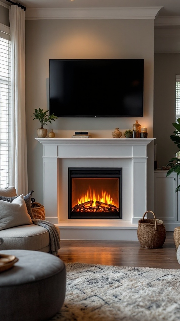 Cozy family room corner featuring an electric fireplace beneath a TV, with a comfortable sofa and decorative elements.