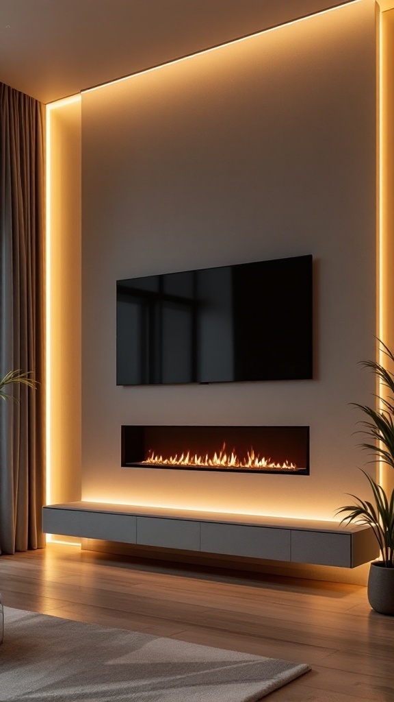 A modern floating electric fireplace integrated into a wall with ambient lighting and a TV above.