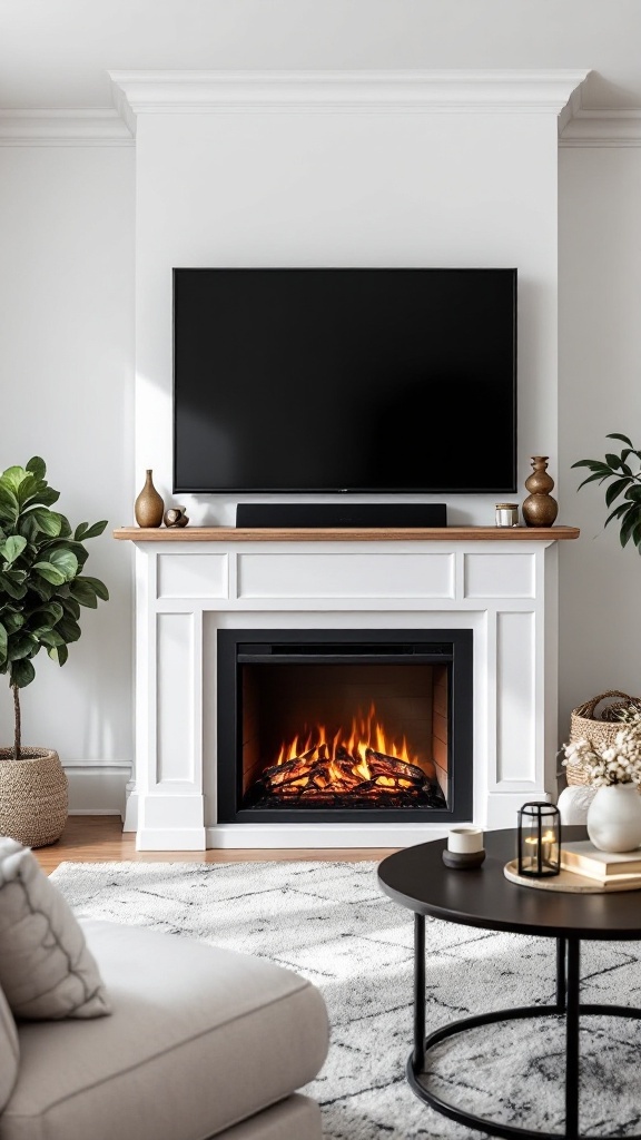 A stylish living room featuring a wall-mounted electric fireplace under a TV, with a cozy sofa and decorative elements.