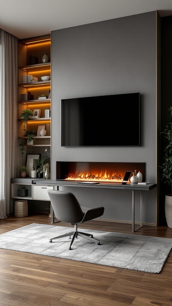 A modern home office setup featuring an electric fireplace, wall-mounted TV, and stylish desk.