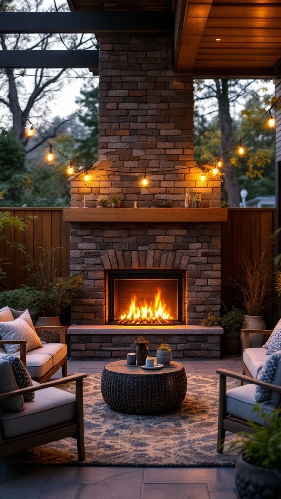 A cozy outdoor patio with an electric fireplace surrounded by comfortable seating and string lights.