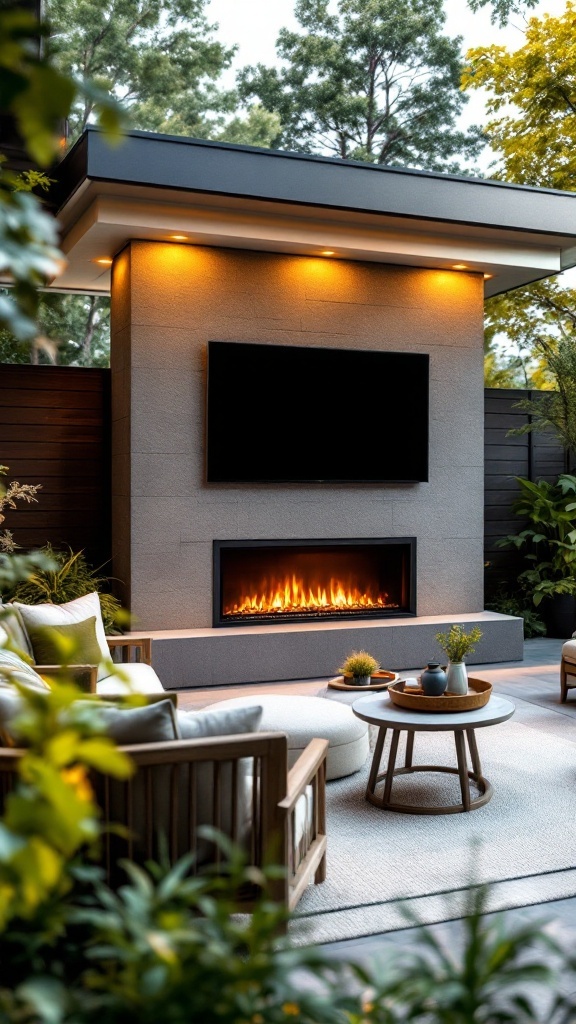 Outdoor living room setup featuring an electric fireplace, TV, and comfortable seating surrounded by greenery.