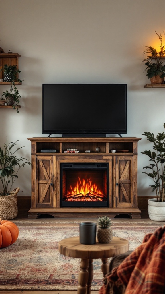 Cozy living room with electric fireplace, TV, and wooden accents