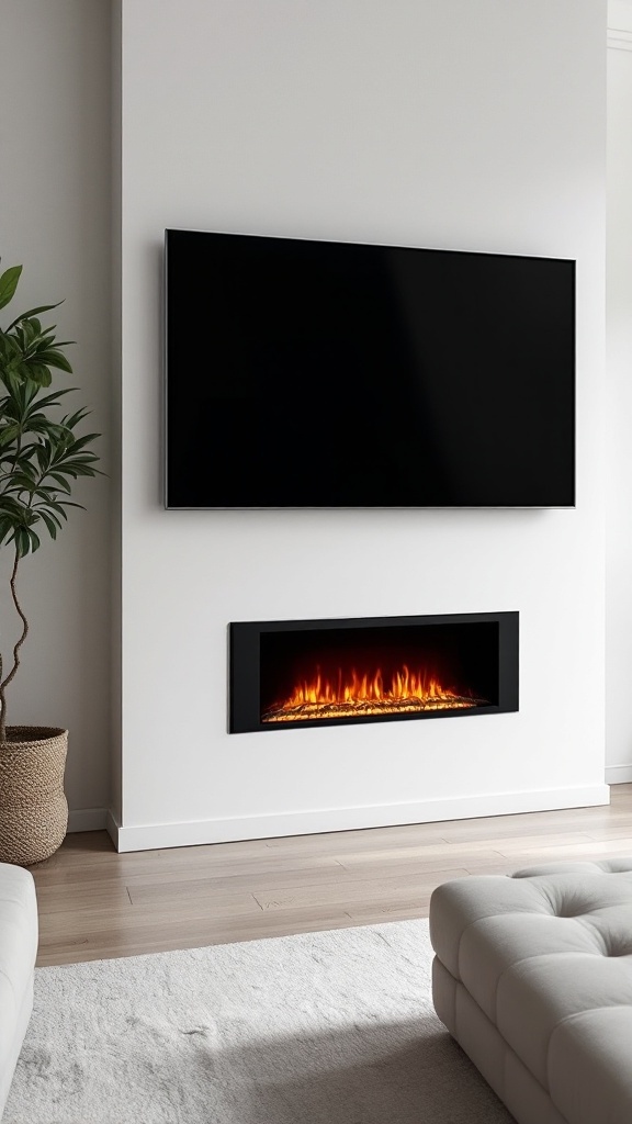 A modern living room featuring a TV mounted above an electric fireplace on a white wall, accompanied by a plant and plush seating.