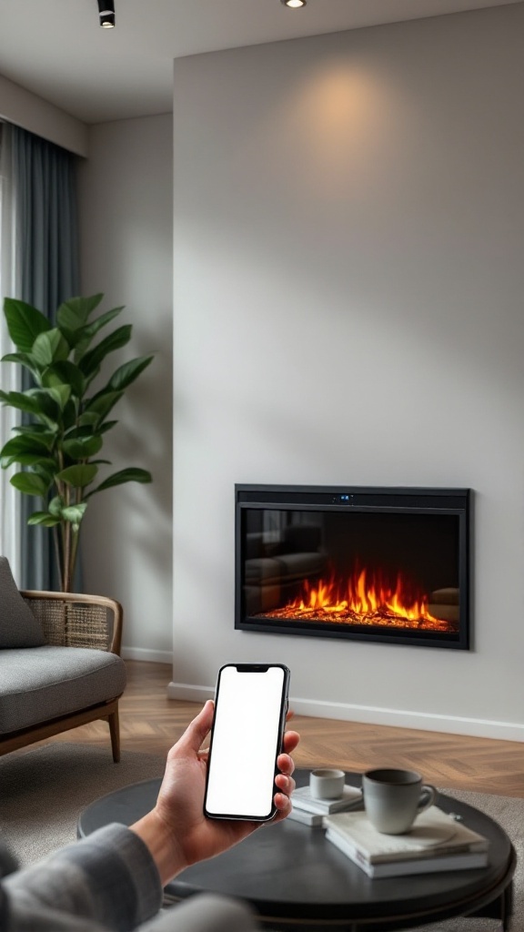 A modern wall-mounted electric fireplace with a smartphone in hand, showcasing app control features.