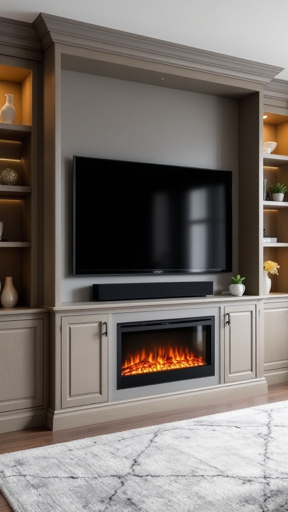 A stylish media center featuring a TV mounted above an electric fireplace, surrounded by elegant cabinetry.