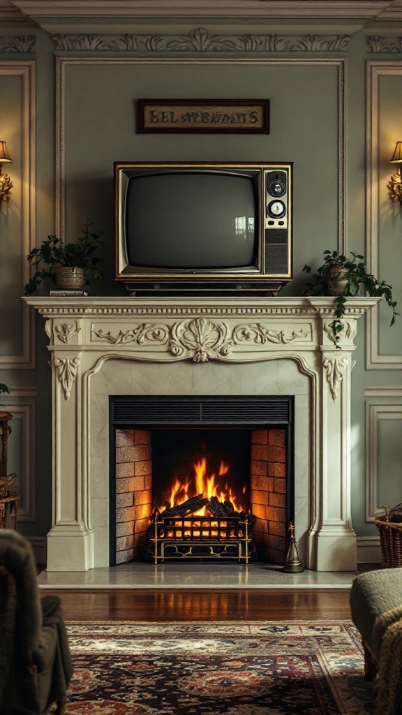 A traditional fireplace with a vintage television on the mantle, surrounded by warm decor.