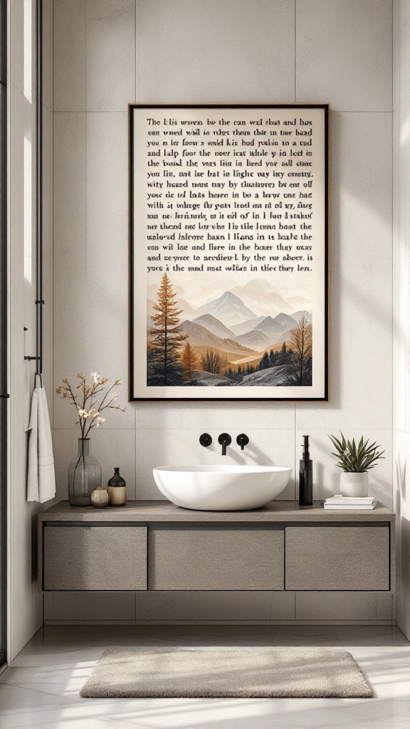 A beige and black bathroom with artistic wall art featuring mountains and trees.