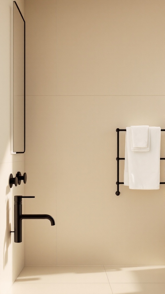 A sleek beige and black bathroom featuring black fixtures and towel rack.