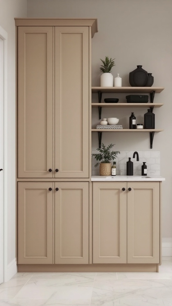 A beige storage unit in a bathroom featuring cabinets and open shelves, styled with decorative items.