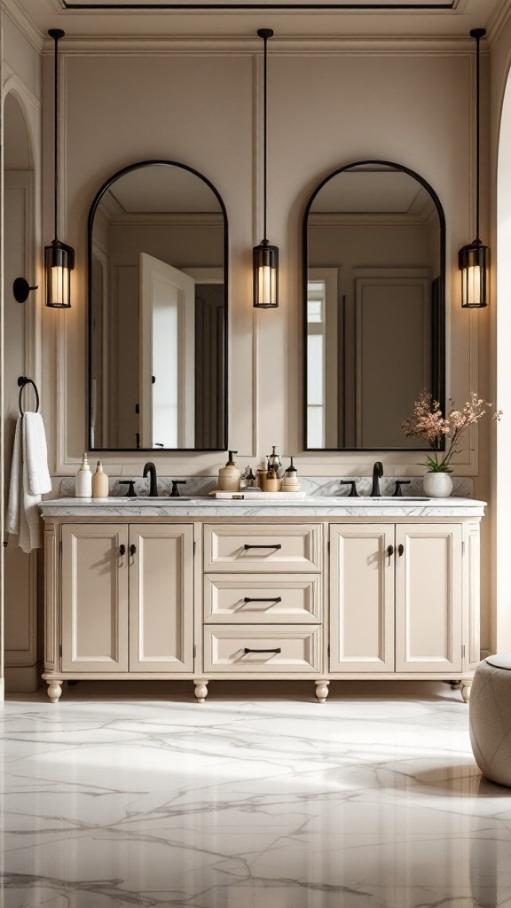 A beige bathroom vanity unit with marble countertop and black faucets, featuring arched mirrors and soft lighting.