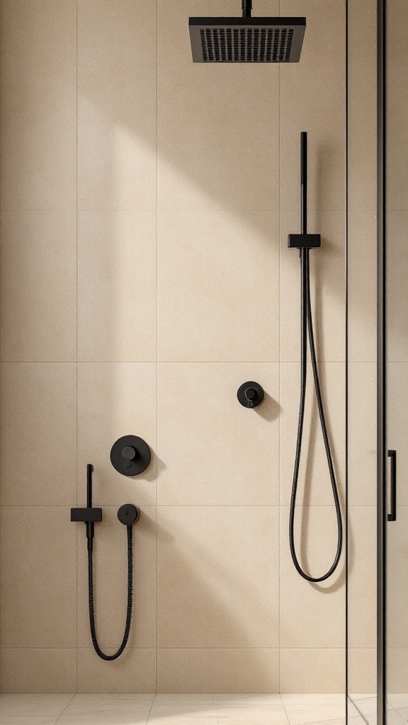 A modern shower with black fixtures against a beige tiled wall.