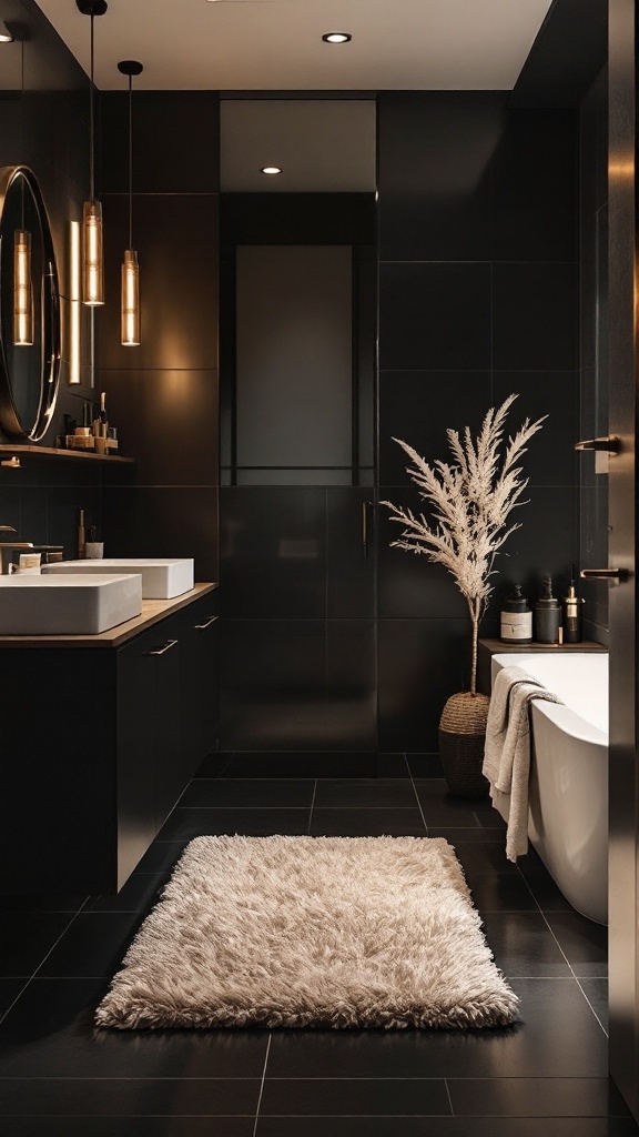 A stylish black bathroom featuring a textured beige rug.